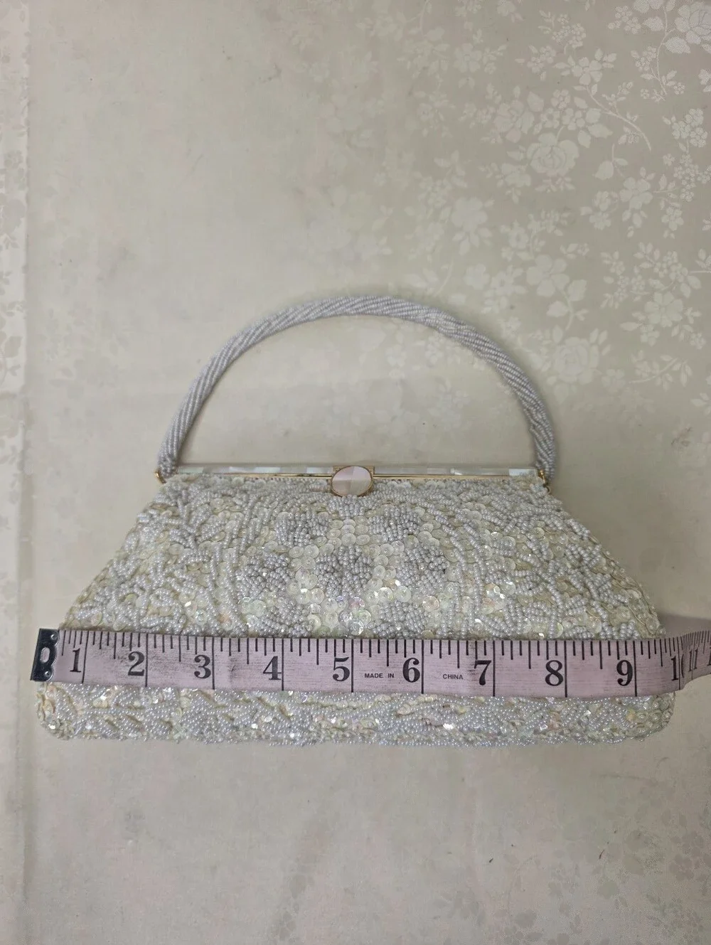 Vintage Beaded Sequined Evening Bag Mother of Pearl Clasp Hand Made Hong Kong